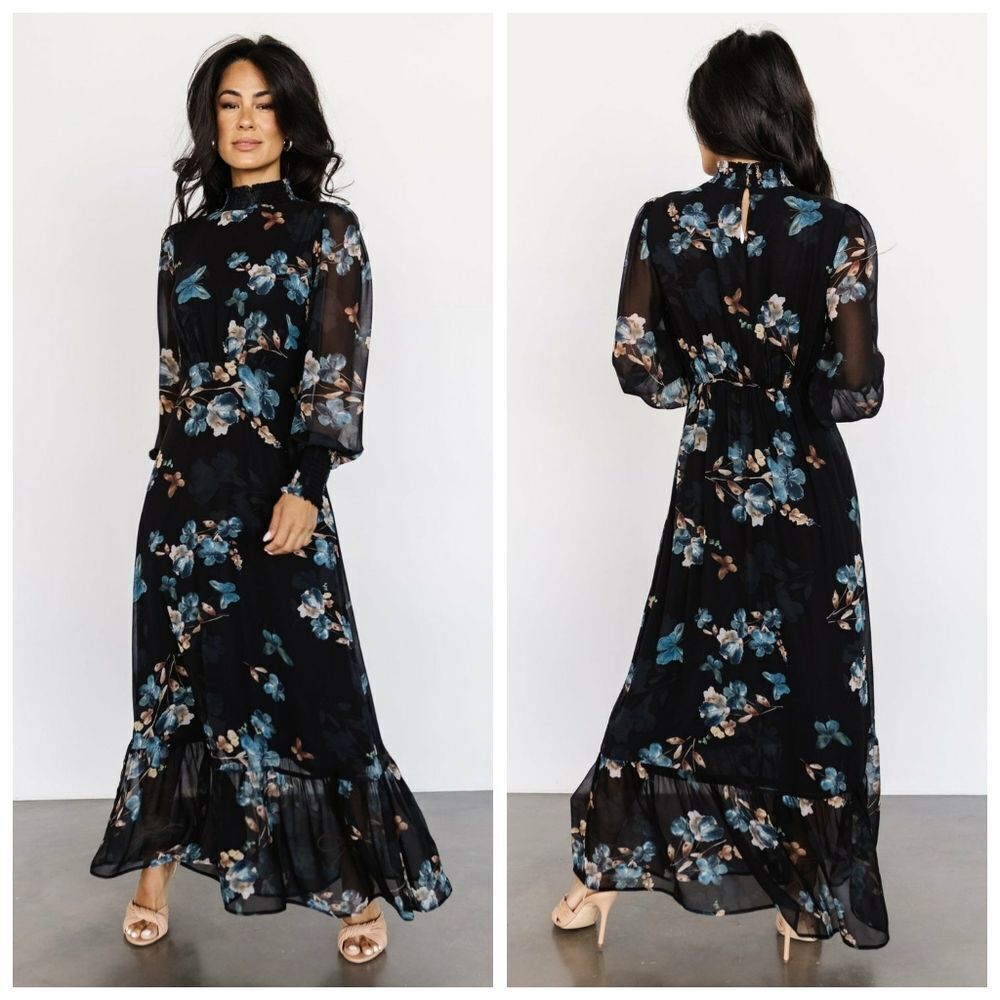 Baltic Born Luciana Black And Blue Floral Butterfly Long Sleeve Maxi Dress